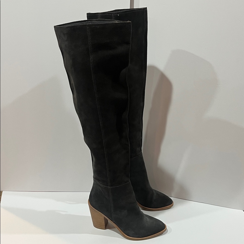 Dark Gray Suede Knee-High Boots - Picture 2 of 14